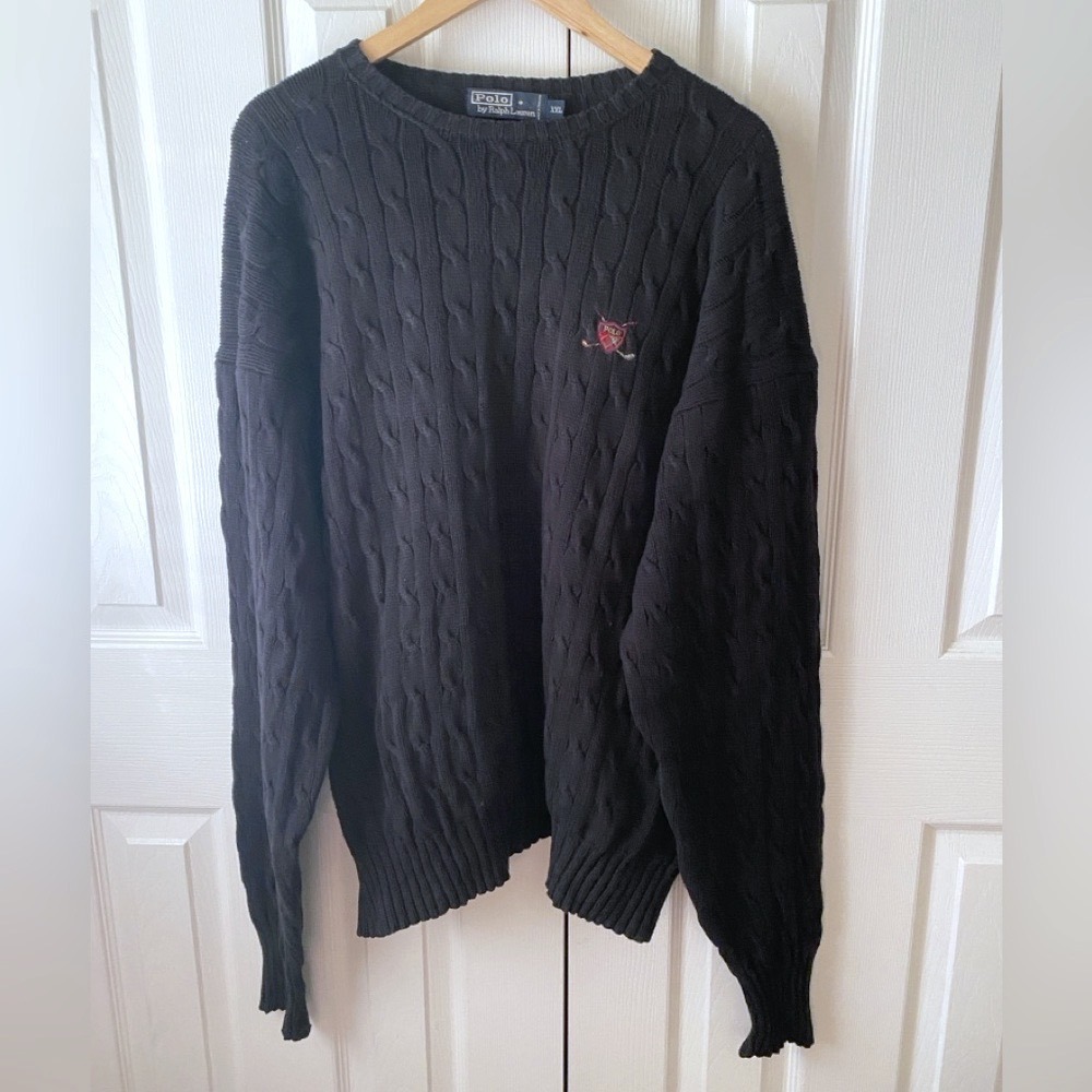 VTG 90's Polo Ralph Lauren Black Cable‎ Knit Cotton Crest Crew Neck Sweater XXL